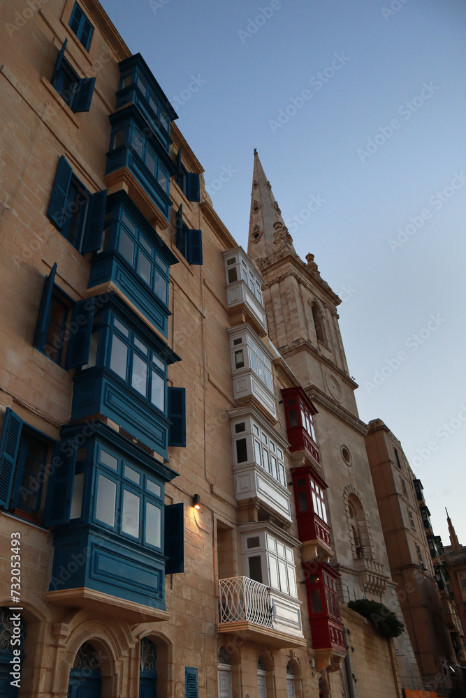 Typical house in downtown at evening in Valletta, Malta