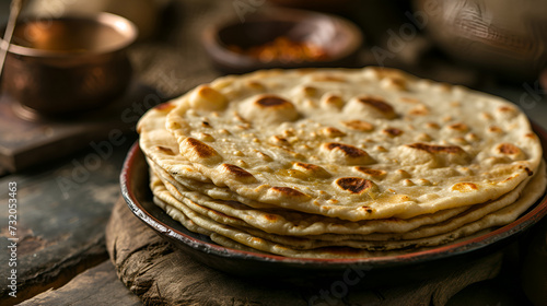 Stack of Freshly Made Roti on Earthenware, Traditional Indian Bread, Rustic Wooden Background, Ideal for Culinary Guides and Recipe Websites