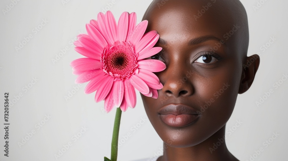 portrait of beautiful young bald girl with pink flower. Alopecia, breast cancer and cancer awareness. World Cancer Day.  Woman with shaved head after chemotherapy. Advertising facial skin car products
