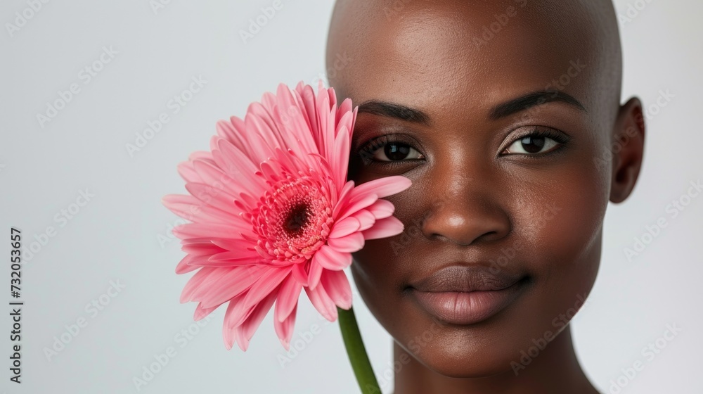 portrait of beautiful young bald girl with pink flower. Alopecia, breast cancer and cancer awareness. World Cancer Day.  Woman with shaved head after chemotherapy. Advertising facial skin car products