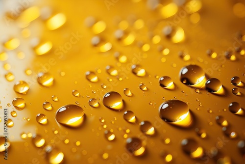 Abstract yellow background with transparent drops of various rounded shapes,