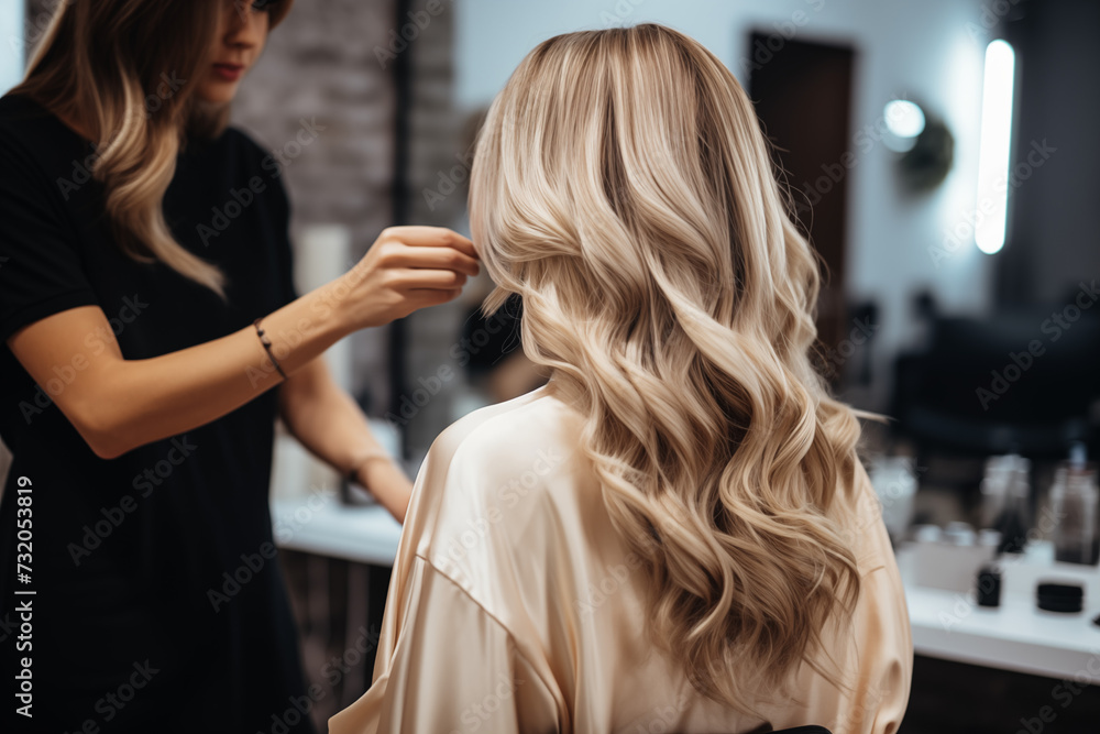 Fototapeta Professional hairdresser working with a client in the beauty salon. Blonde girl getting ready for work. Back view of girl with long hair