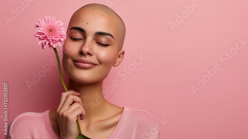 Emotional portrait of beautiful young bald girl with pink flower. Alopecia, breast cancer and cancer awareness. World Cancer Day. Survivor, suport. Woman with shaved head after chemotherapy 