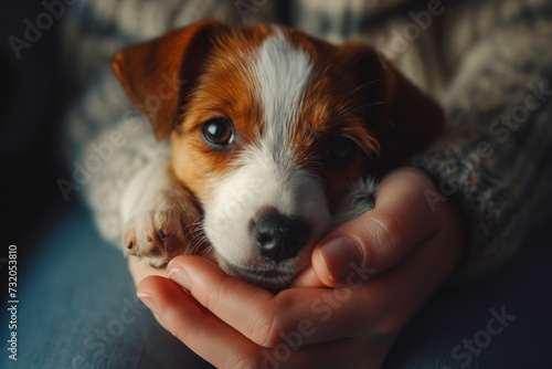 Puppy Jack Russell Terrier in the owner s hands. Portrait of a little dog.