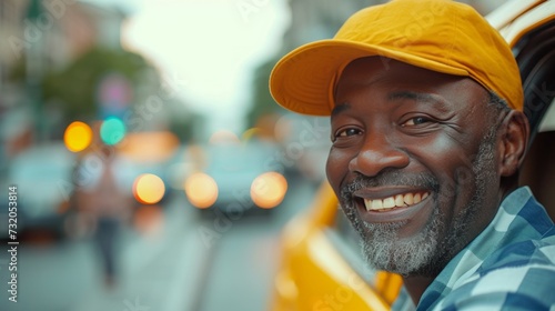 Clean composition with a happy taxi driver, adding a touch of positivity to t...