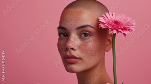 Emotional portrait of beautiful young bald girl with pink flower. Alopecia, breast cancer and cancer awareness. World Cancer Day. Survivor, suport. Woman with shaved head after chemotherapy 