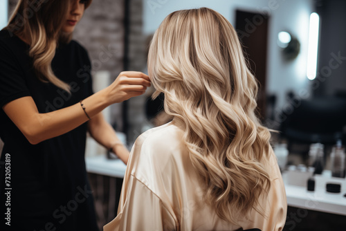 Professional hairdresser working with a client in the beauty salon. Blonde girl getting ready for work. Back view of girl with long hair photo