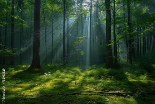 soft light filters through a serene forest, creating gentle shifts in form and shadows on the forest floor, to convey peace and tranquility © EyeAmAmazed