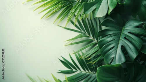 Minimalist composition featuring abstract tropical foliage, conveying a sense...