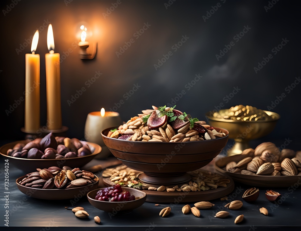 Obraz premium Side view of a dining table with full of delicious foods dishes and dry fruits. Copy space.