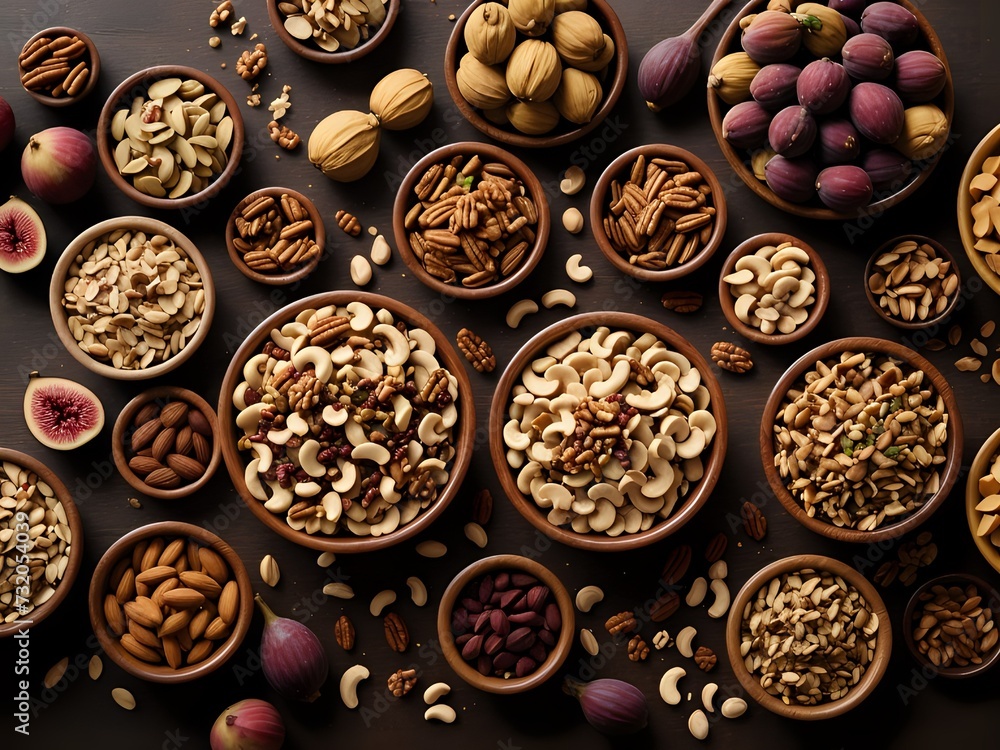 Top view of a dining table with full of delicious foods dishes and dry fruits. Copy space. Top view of a dining table with full of delicious foods dishes and dry fruits. Copy space.