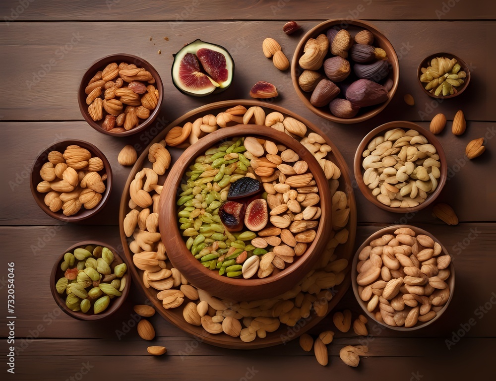 Top view of a dining table with full of delicious foods dishes and dry fruits. Copy space. Top view of a dining table with full of delicious foods dishes and dry fruits. Copy space.