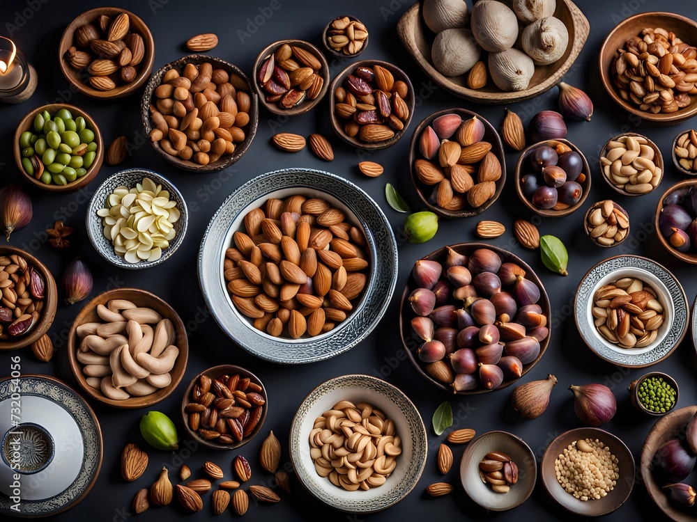 Top view of a dining table with full of delicious foods dishes and dry fruits. Copy space. Top view of a dining table with full of delicious foods dishes and dry fruits. Copy space.
