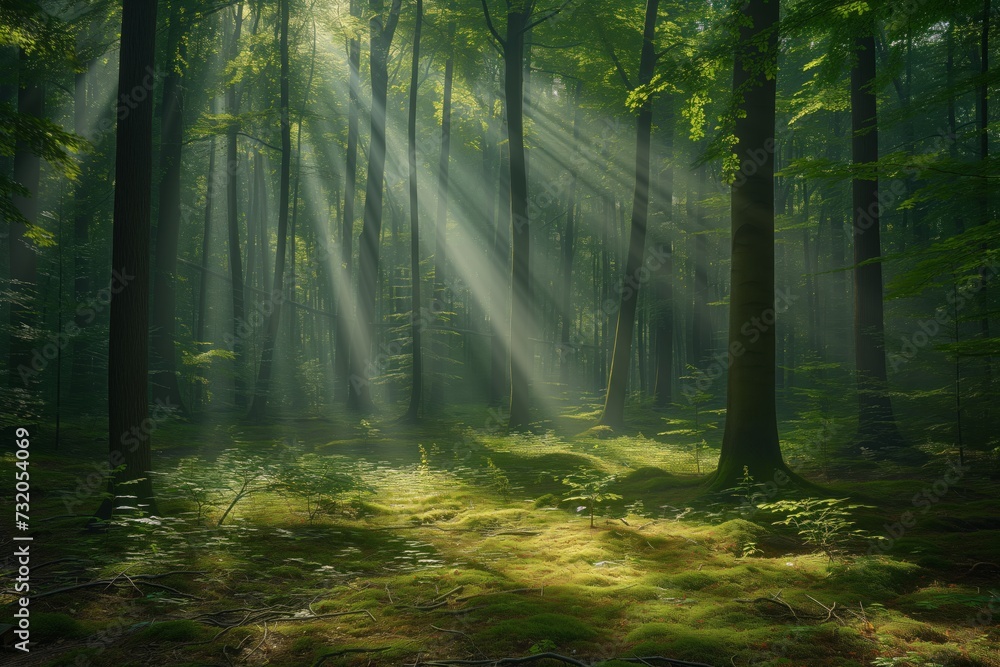 soft light filters through a serene forest, creating gentle shifts in form and shadows on the forest floor, to convey peace and tranquility