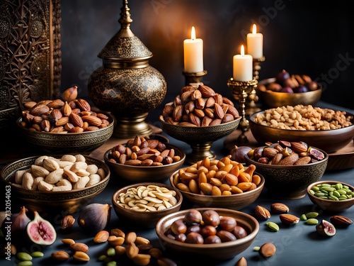 Side view of a dining table with full of delicious foods dishes and dry fruits. Copy space. © Saud Visuals