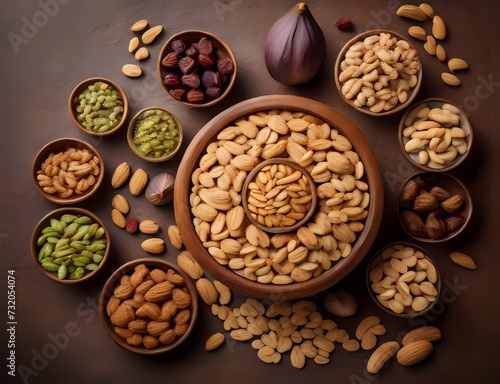 Top view of a dining table with full of delicious foods dishes and dry fruits. Copy space.