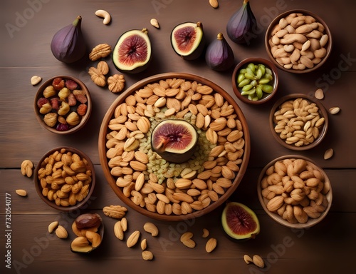 Top view of a dining table with full of delicious foods dishes and dry fruits. Copy space.
