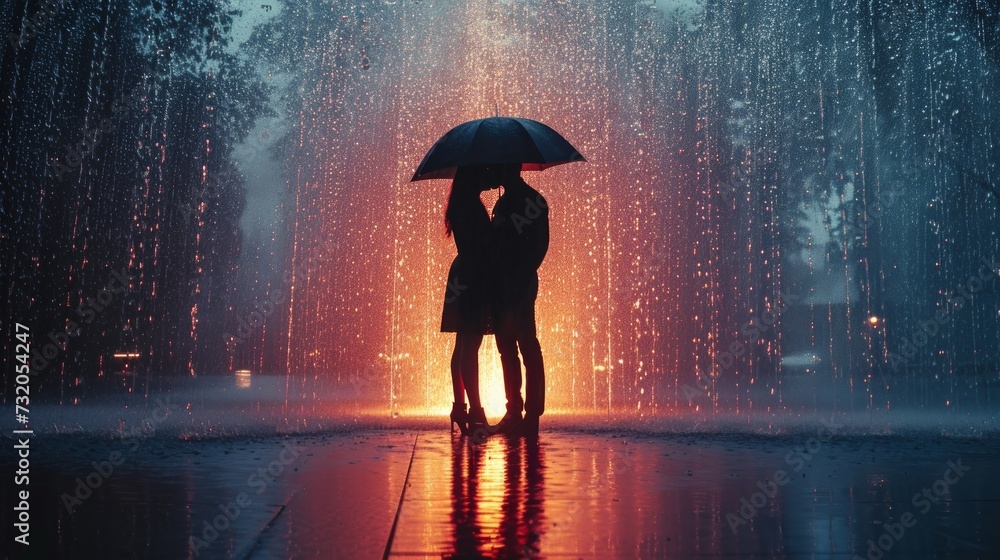 Minimalist shot capturing a couple in love, sharing an intimate moment under the gentle rain Minimalist shot capturing a couple in love, sharing an intimate moment under the gentle rain