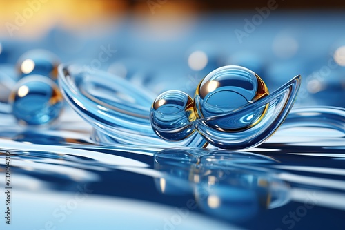 Blue texture with round ball shape drops of liquid, drops of water and glycerin.