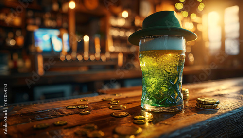 Mug of cold fresh beer on wooden table with green leprechaun hat on blurred background. Oktoberfest and St. Patrick's day celebration in a pub or bar. Card, banner, poster, flyer with copy space