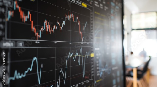 Close-up analysis of stock charts being conducted in a professional office setting, providing insights into financial trends and market performance