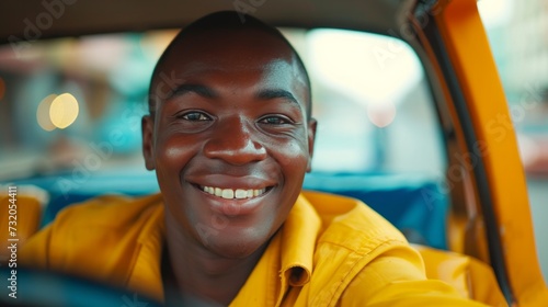 Minimalist backdrop with a smiling young taxi driver, radiating warmth and fr...