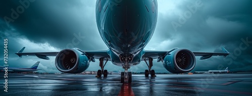 the engine of an airplane is parked on the runway
