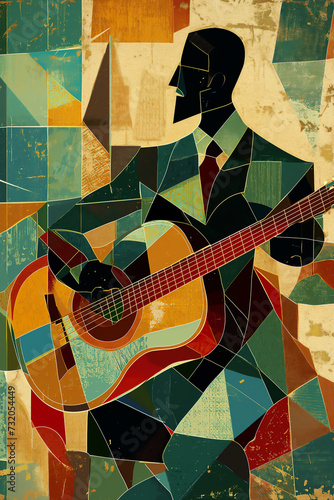 Afro-American male musician guitarist playing a guitar in an abstract cubist style painting for a poster or flyer, stock illustration image 