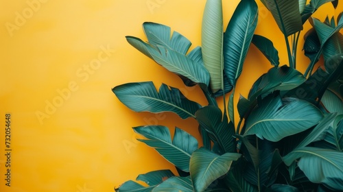 Simple yet captivating backdrop adorned with vibrant tropical leaves