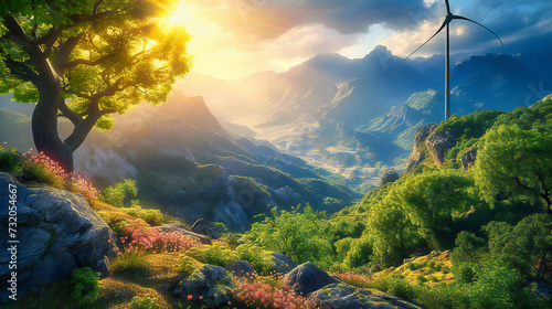 Majestic Mountain Landscape at Sunrise  Serene Nature View with Meadows and Trees