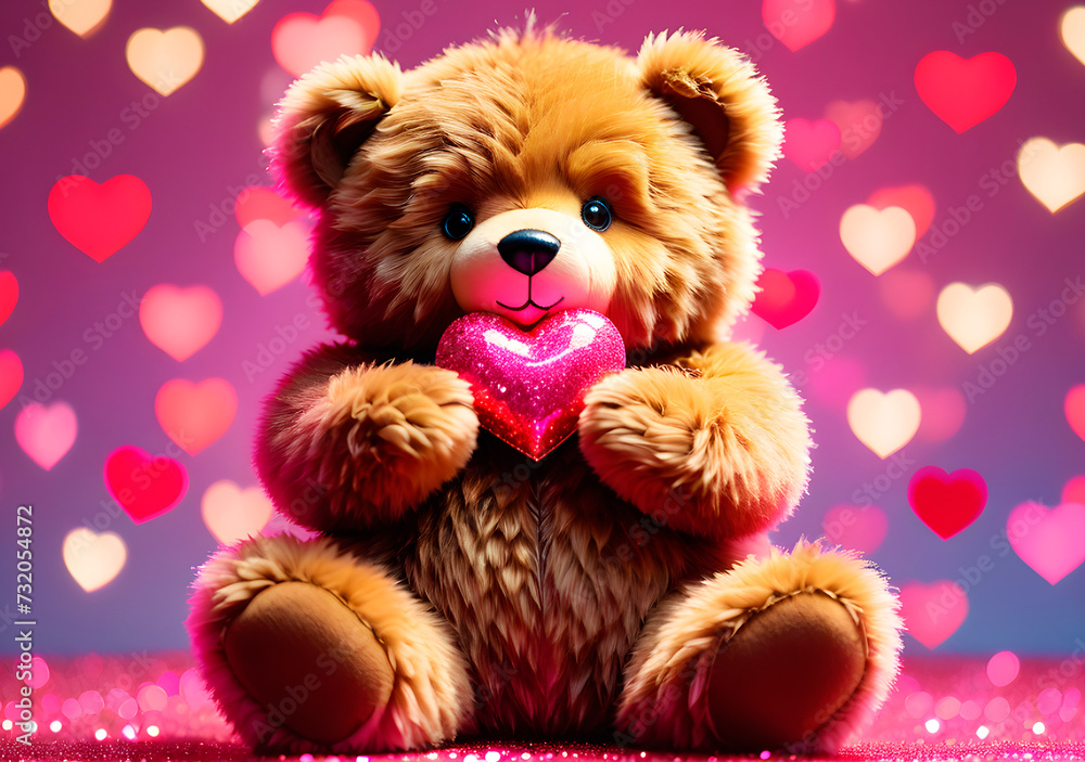 cute brown fluffy bear toy holding a red glitter heart with pastel pink bokeh background with copy space. Generative AI cute brown fluffy bear toy holding a red glitter heart with pastel pink bokeh background with copy space. Generative AI