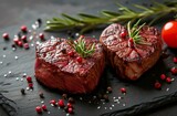two beef heart steaks on a dark background