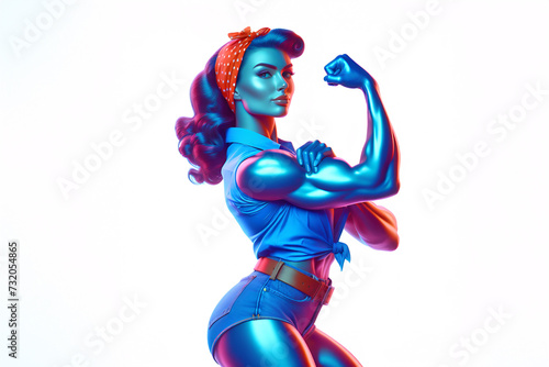 Superhero type illustration of a woman dressed as Rosie the Riveter, flexing her muscles to  represent female empowerment