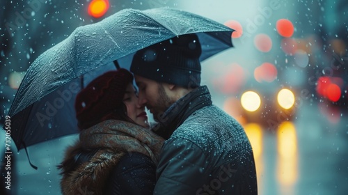 Clean composition showcasing a pair in a warm embrace, oblivious to the drizz...