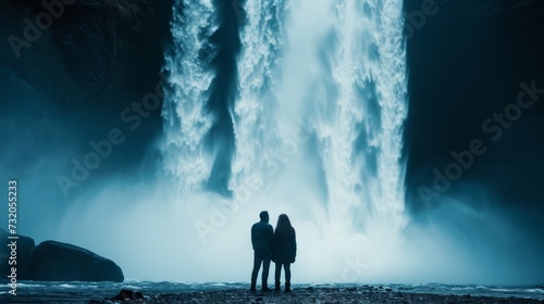 Minimalist photo showcasing a tender moment between a couple against a cascad...