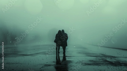 Tranquil scene of a couple finding solace and joy in each other's arms amid the rain