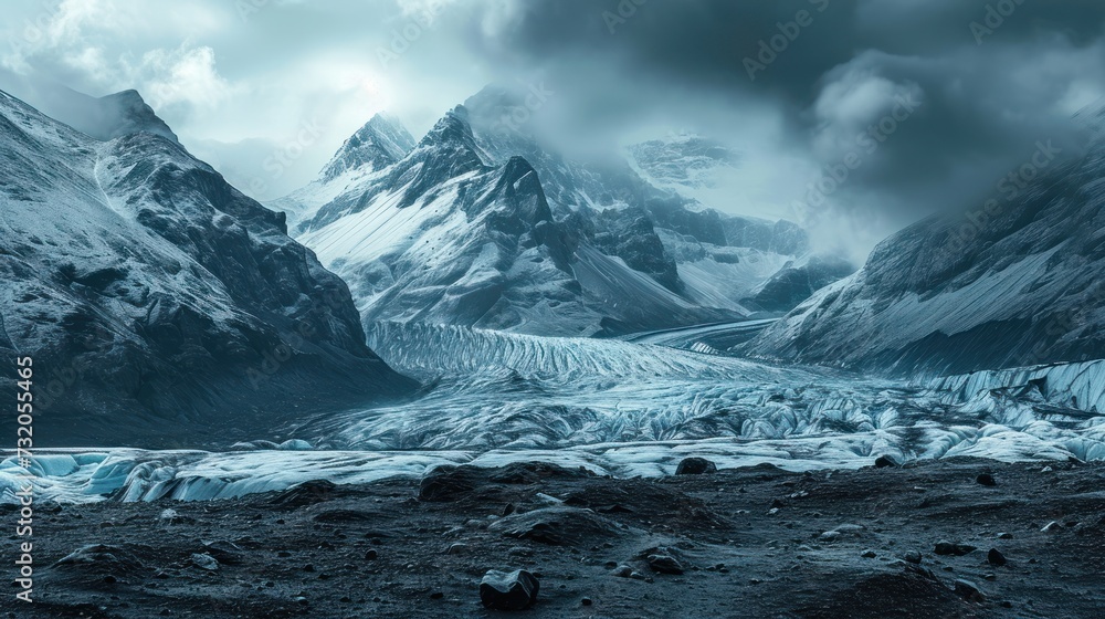 Obraz premium a mountain range with a glacier in the foreground and snow on the mountains in the background, with dark clouds in the sky, and snow - capped mountains in the foreground.