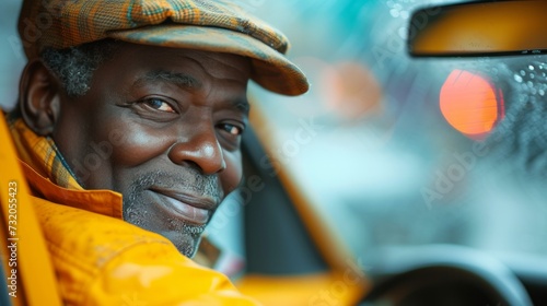 Clean composition featuring a cheerful taxi driver against an abstract backdrop