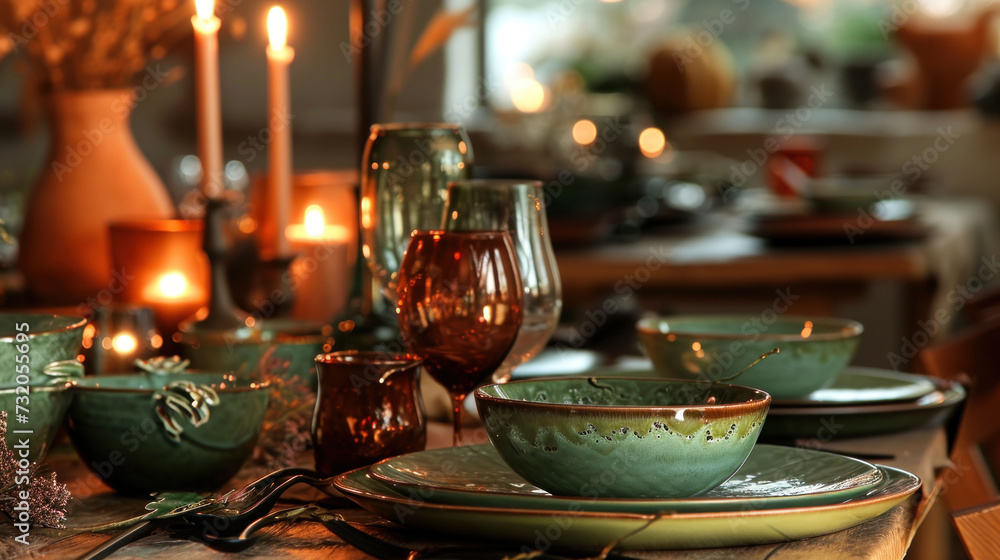 a close up of a table with a bunch of plates and cups on it with candles in the background and a vase with flowers in the middle of the table. a close up of a table with a bunch of plates and cups on it with candles in the background and a vase with flowers in the middle of the table.
