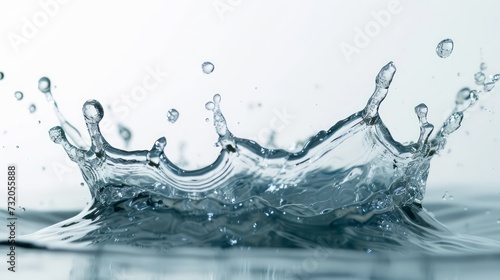 Splashing drops of clear water liquid on plain white background