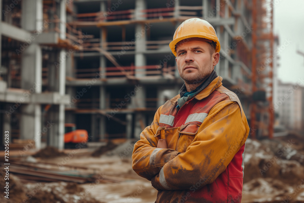 Contemplative construction worker in high-visibility jacket on a building site, embodying the uncertainty of the job market Contemplative construction worker in high-visibility jacket on a building site, embodying the uncertainty of the job market