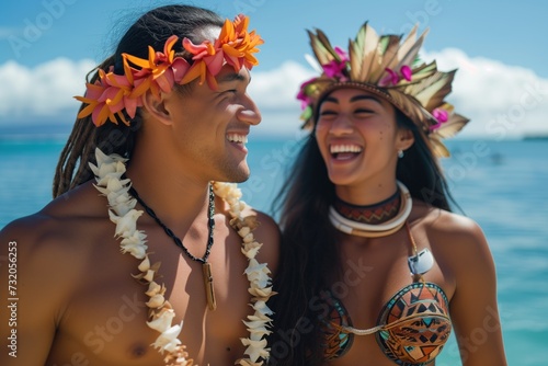 Polynesian newlyweds couple celebrate love by the ocean. Island romance and tribal culture. Portrait.
