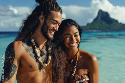 Polynesian newlyweds couple celebrate love by the ocean. Island romance and tribal culture. Portrait.