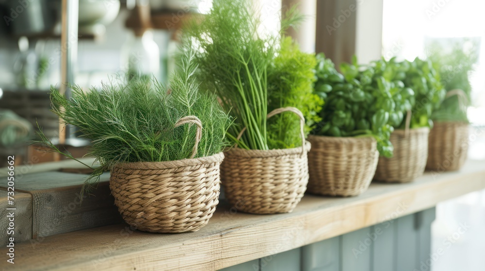  a row of baskets sitting on top of a wooden shelf filled with green leafy plants on top of a wooden counter next to a window sill with a mirror in the background.