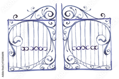 Watercolor gates painting. Atchitecture concept illustration isolated on white. photo