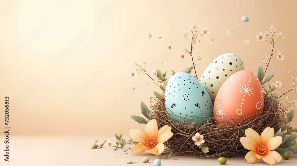 Speckled Easter eggs in a nest with delicate flowers on a warm backdrop.