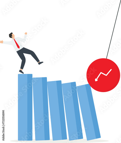 Economic crisis or recession, inflation and bankruptcy, unexpected force majeure, stock and investment crash, a wrecking ball hits and knocks down the graph columns, and a man falls from it.
