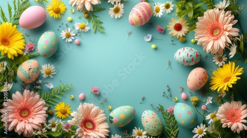 Vibrant Easter egg wreath on blue with flowers and copy space.