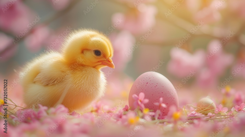 Chick among pink flowers and Easter eggs in a dreamy spring setting.