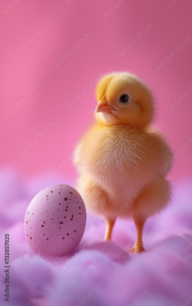 Yellow chick with a purple Easter egg on a soft pink background.